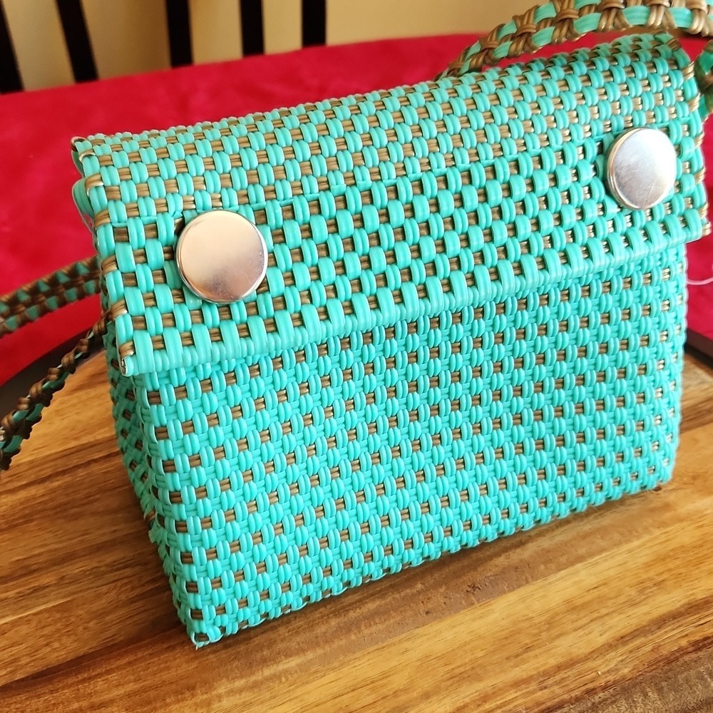Turquoise Blue Woven Crossbody Bag Silver Snap Closure Purse Handbag - Picture 5 of 6